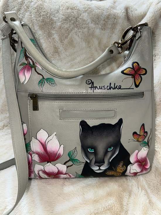 Anuschka Handbags - Anuschka Leather Shoulder Crossbody Bag with Hand Painted Panther & Floral Art